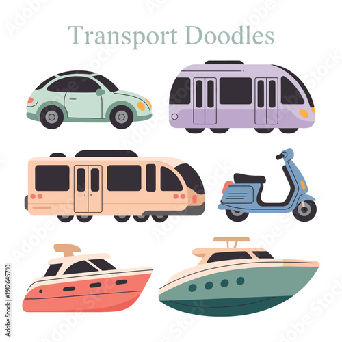 Transport Doodles: A collection of charming, hand-drawn illustrations showcasing a variety of transport modes. From sleek cars and rapid transit to stylish scooters and luxurious boats.