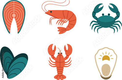 Seafood Line Icon Set  Salmon, Shrimp, Lobster, Mussel, and Scallop
