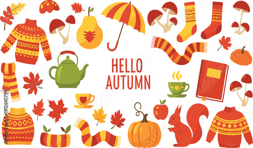 Autumn season vector illustration set with fall elements including pumpkin leaves sweater scarf umbrella tea mushrooms squirrel and cozy hello autumn lettering