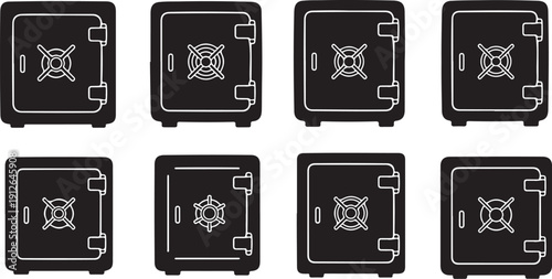 Collection of black safe icons with white designs inside