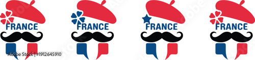 French Icon Line Art Set Beret, Mustache, and National Symbols