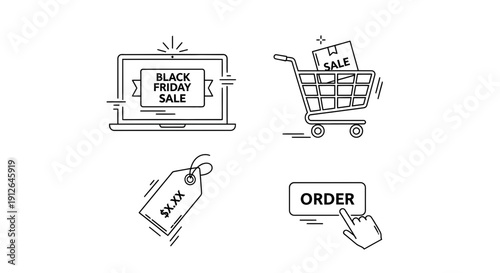 Black Friday Sale Icons: Laptop, Shopping Cart, Price Tag, Order Button