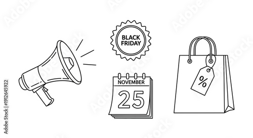 Black Friday Sale Icons: Megaphone, Calendar, Shopping Bag with Discount Tag