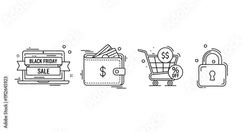 Black Friday Sale Icons: Laptop, Wallet, Shopping Cart, Padlock - Online Shopping Concept