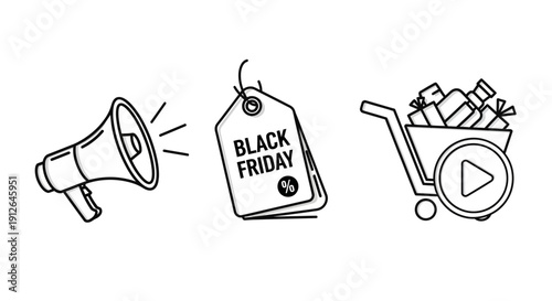 Black Friday Sale Icons: Megaphone, Tag, Shopping Cart with Play Button