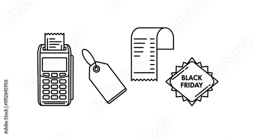 Black Friday Sale Icons: POS Machine, Tag, Receipt, and Special Offer Badge