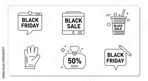 Black Friday Sale Icons Set: Discount, Shopping, Offer, Promotion, Hand, Cup