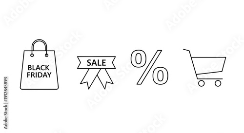 Black Friday Sale Icons: Shopping Bag, Ribbon, Percentage, Cart - E-commerce Concept