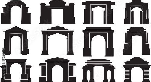 Collection of various architectural arches and gateways in silhouette