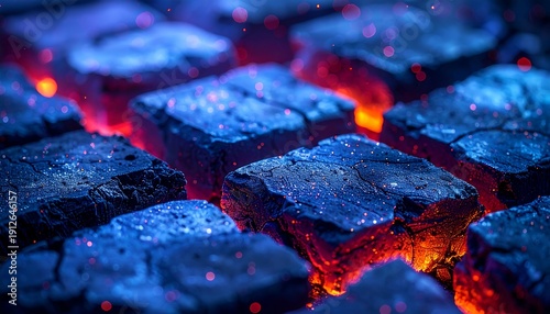 Close-up of glowing hot charcoal briquettes radiating intense heat and vibrant orange embers, perfect for grilling and cooking