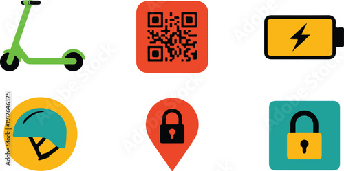 Urban Scooter Essentials Outline Icons  Scooter, Helmet, Battery, and Safety Gear