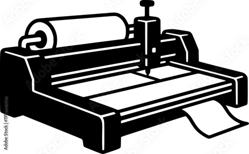 Industrial vinyl cutter plotter machine icon, CNC cutting machine for signage, printing, and textile manufacturing.