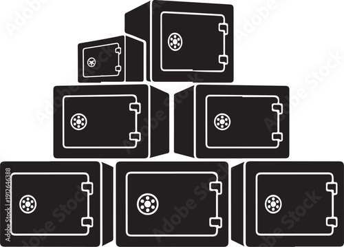 Stack of black safes with white outlines and dials