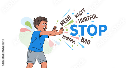 An illustration of a young boy with outstretched hands, expressing a powerful "STOP" against mean, nasty, hurtful, and bad words, symbolizing anti-bullying and the importance of kindness.