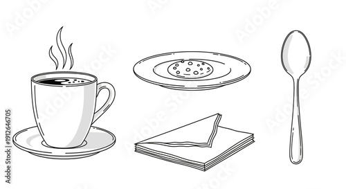 Black and White Sketch of Coffee Cup, Cookie Plate, Napkins, and Spoon