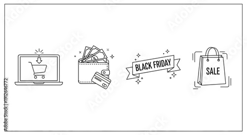 Black Friday Online Shopping Icons: Laptop, Wallet, Sale Bag, and Banner