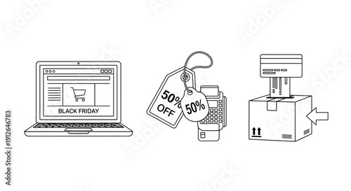 Black Friday Online Shopping: Laptop, Payment, Delivery Icons