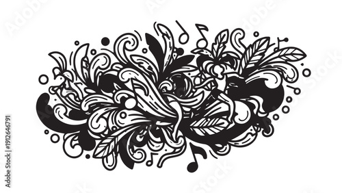 Intricate black and white abstract doodle pattern with swirling ornament.