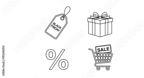 Black Friday Sale Icons: Gift Box, Tag, Percentage, Shopping Cart