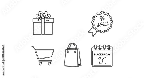 Black Friday Sale Icons: Gift, Shopping Cart, Bag, Calendar, and Discount Badge