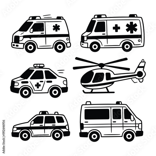 Emergency Vehicle Ensemble: A collection of meticulously detailed illustrations showcasing the key vehicles essential for emergency response, ready for various medical situations or crises.
