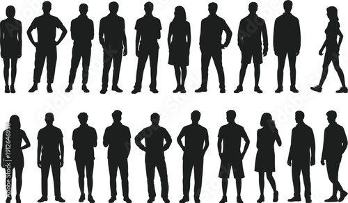 People silhouette collection, men and women standing casual poses set, human crowd characters, black flat vector illustration design