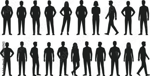 People silhouette collection, men and women standing and walking poses, casual crowd characters set, black flat vector illustration