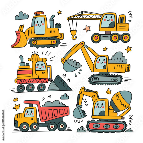 Construction Vehicles: An engaging illustration of various construction vehicles, each with its own unique characteristics and charming demeanor, set against a backdrop of doodles.