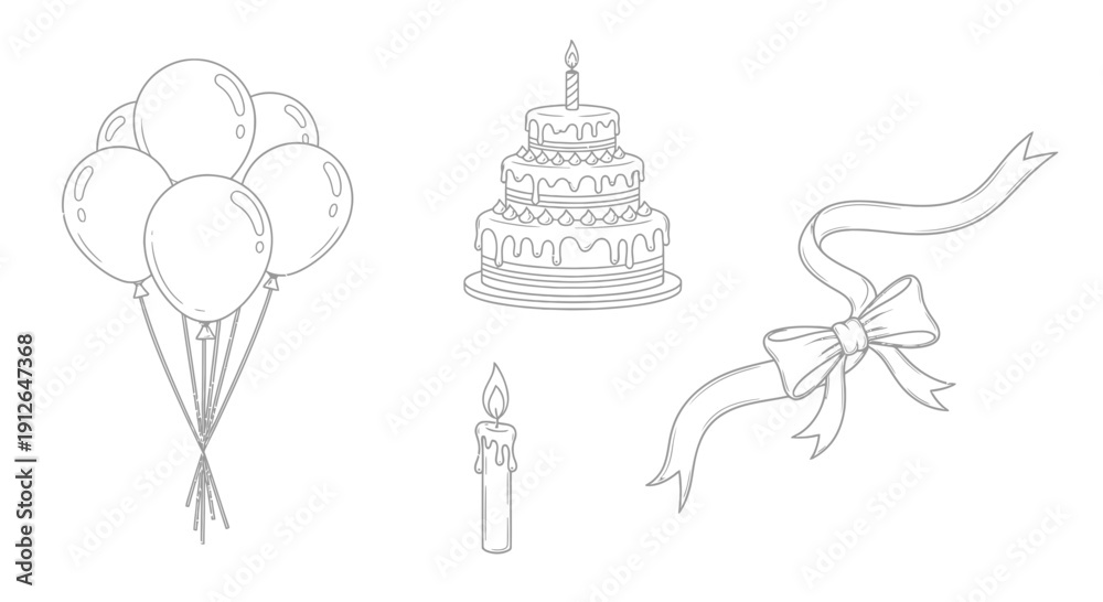 Fototapeta premium Birthday Celebration Elements: Balloons, Cake, Candle, Ribbon - Line Art Illustration