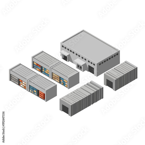 Isometric illustration of industrial containers and warehouse.