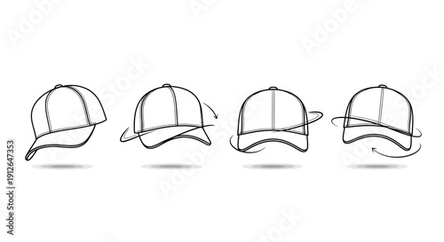 Baseball Cap Rotation Sequence: Hand-Drawn Sketch of Headwear in Motion