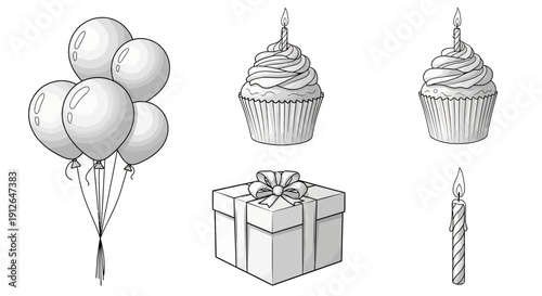 Birthday Celebration Elements: Balloons, Cupcakes, Gift Box, Candle - Black and White Line Art
