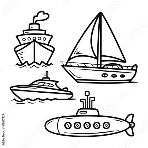 Oceanic Vessels: A simple line art illustration featuring an assortment of maritime transport, including a steamship, sailboat, speedboat, and submarine, representing diverse modes of nautical travel.
