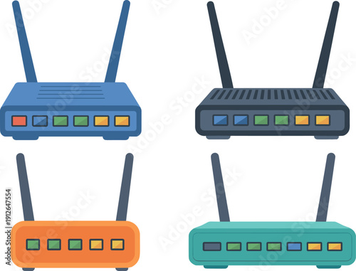 Modern wireless Wi-Fi router vector icon set, internet connection device with antennas, flat network hardware