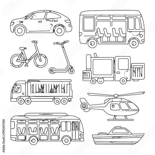 Vehicular Variety: A collection of various modes of transport in a monochrome presentation, highlighting the diversity of vehicles for mobility and travel.