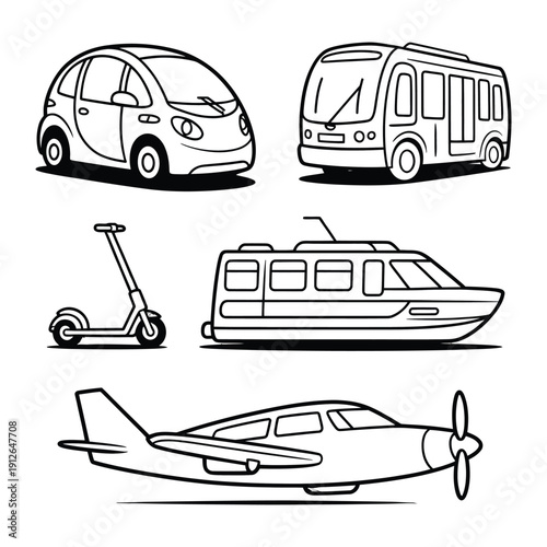 Diverse Transport Set Illustration: Explore various modes of transportation through a detailed illustration, showcasing an electric car, bus, scooter, boat, and plane.