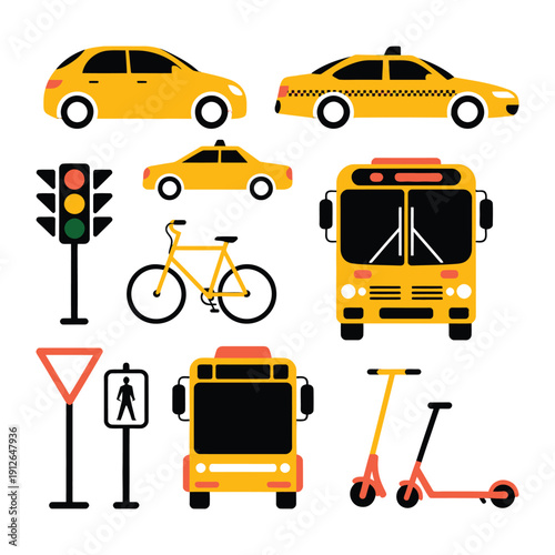 Yellow Transportation Illustration: A vibrant illustration showcasing various forms of transportation, including cars, buses, bicycles, and scooters, against a clean, uncluttered background.