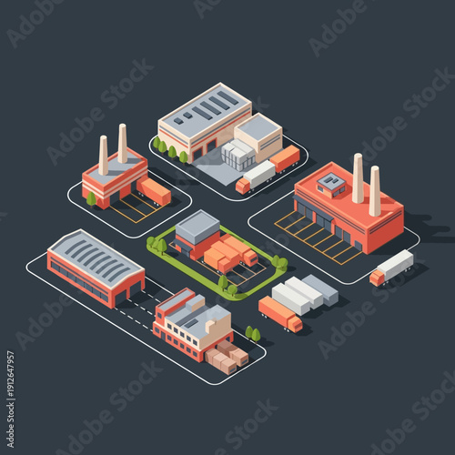 Isometric illustration of industrial facilities and warehouses.