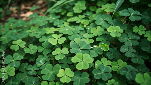 Fresh green clover leaves covering ground in natural sunlight outdoor spring garden background