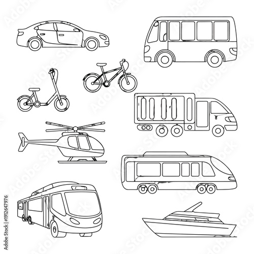 Assortment of Transportation: A collection of various vehicles and transportation modes, sketched in a clean, graphic style, showcasing the diversity of transport options.