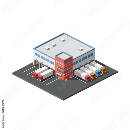 Isometric illustration of a modern warehouse with trucks and loading docks.