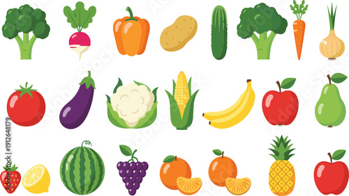 Fresh fruits and vegetables vector illustration set with healthy organic food items, colorful produce collection for nutrition, grocery, market, and diet design
