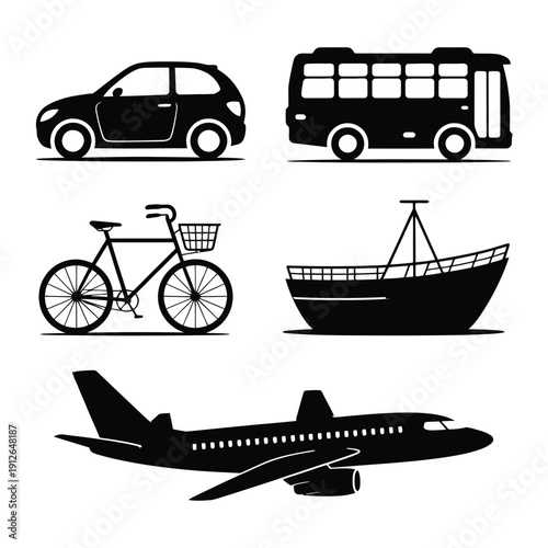 Transportation Silhouette: A collection of various transportation modes are artfully presented in bold black silhouettes, showcasing a car, a bus, a bicycle, a ship, and an airplane. 