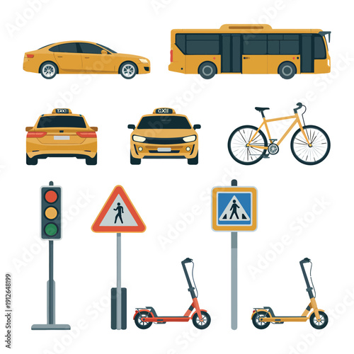 Urban Transportation Collection: A vibrant compilation of essential urban transportation elements, showcasing various vehicles and road signs essential for efficient and safe city navigation.