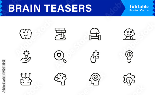 Brain Teasers And Puzzle Challenges Professional Line Icon Set – Minimal Modern Outline Collection Featuring Riddles, Logic Games, IQ Symbols, and Mind Training