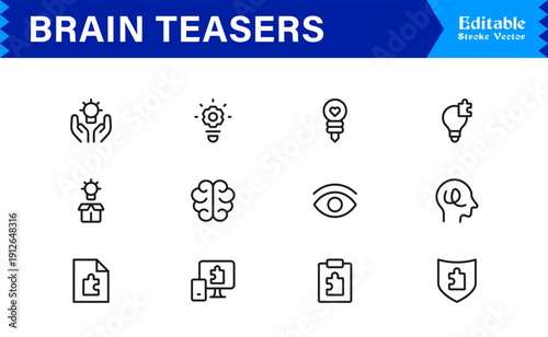 Brain Teasers And Puzzle Challenges Professional Line Icon Set – Minimal Modern Outline Collection Featuring Riddles, Logic Games, IQ Symbols, and Mind Training