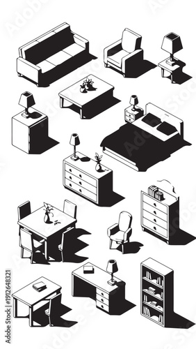 Busy isometric office space with desks, chairs, and workers at workstations.
