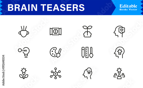 Brain Teasers And Puzzle Challenges Professional Line Icon Set – Minimal Modern Outline Collection Featuring Riddles, Logic Games, IQ Symbols, and Mind Training