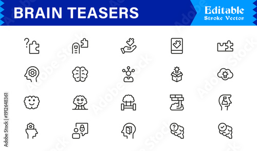 Brain Teasers And Puzzle Challenges Professional Line Icon Set – Minimal Modern Outline Collection Featuring Riddles, Logic Games, IQ Symbols, and Mind Training