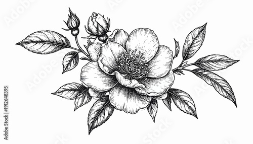 A detailed black and white illustration of a blooming flower with leaves and buds from a close-up front view